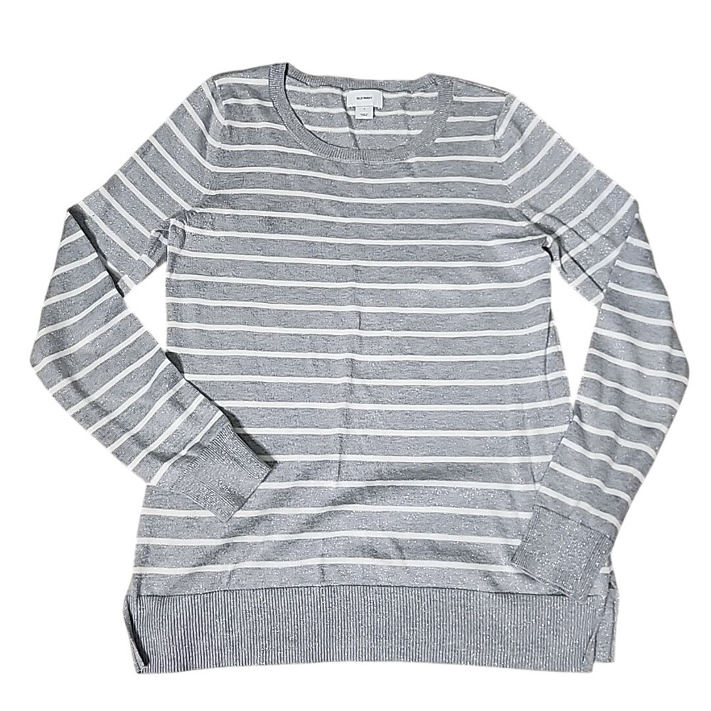 Old Navy Gray White Shimmer Sweater Striped Long Sleeve Crew Neck Long Sleeve S